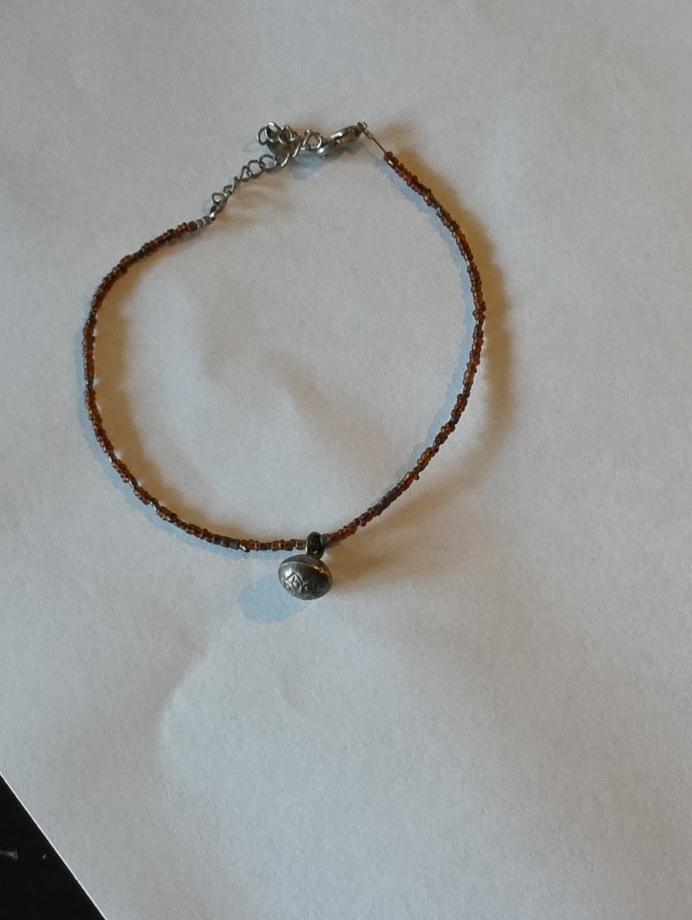 Delicate Brown Seed Bead Anklet with Silver Bell Charm